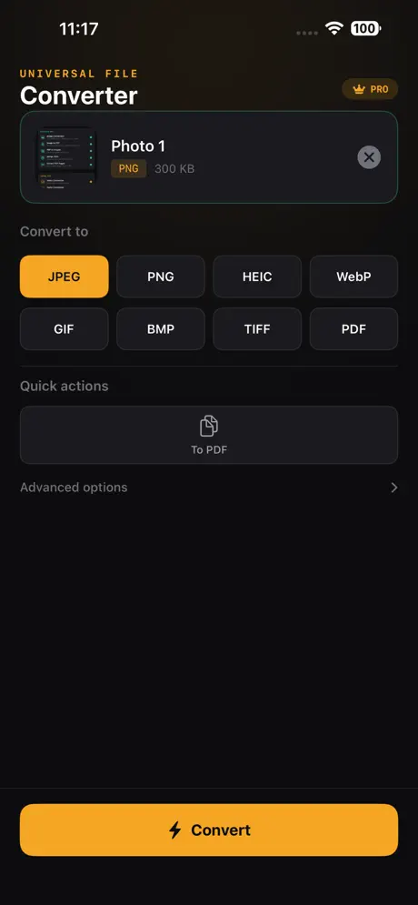 Converting PNG to JPEG with format selector and quick actions