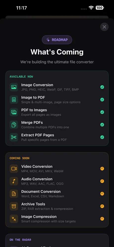 App roadmap showing available and coming soon features